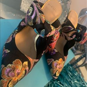 Show stoppers! Satin Floral print stiletto mules